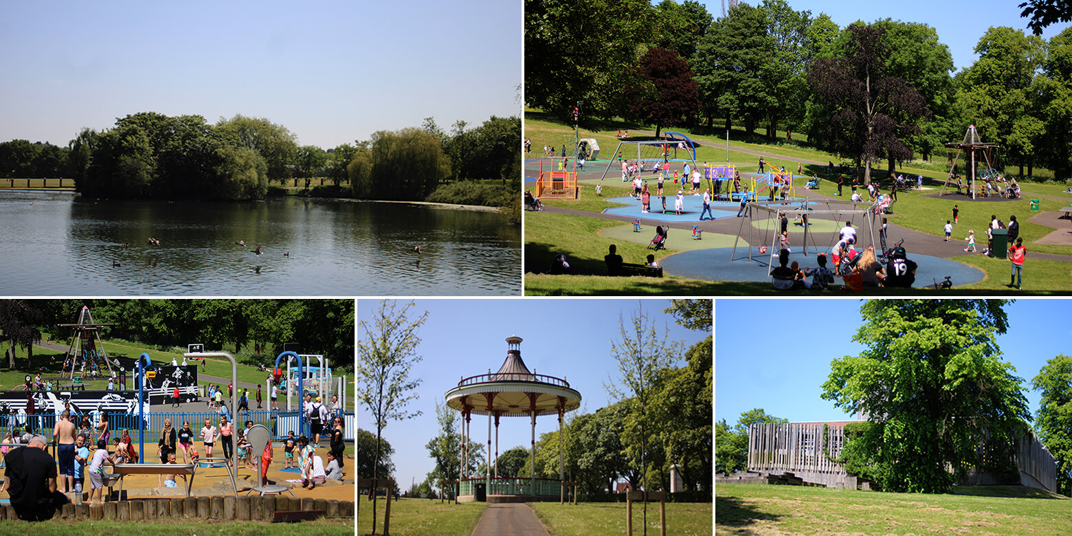 A collage of images with images of lake, play area and amenities of Dartmouth park