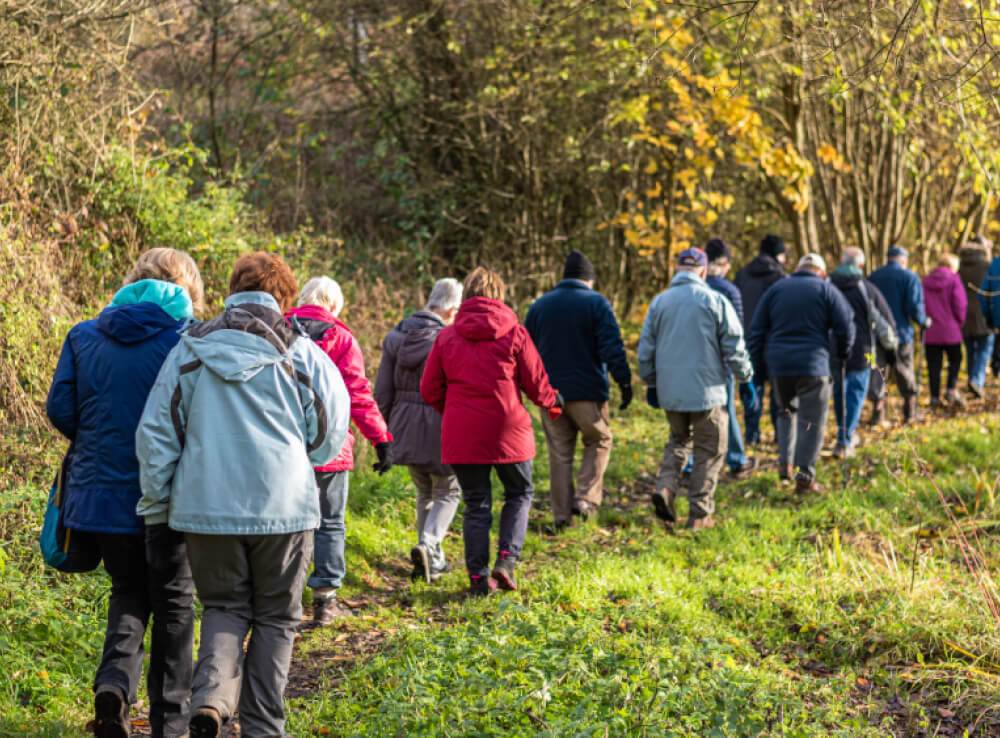 A group of people taking a walk across the scenic valley, wearing winter clothes.