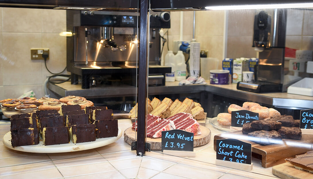 The courtyard kitchen shop at Sandwell valley country park where various kinds of cakes are displayed