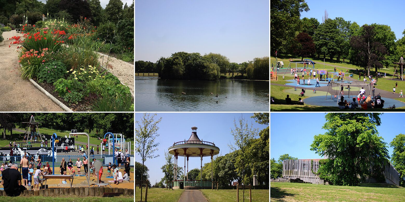 A collage of images with images of lake, play area and amenities of Dartmouth park