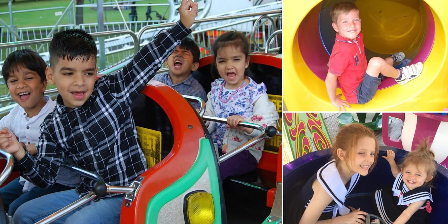 Collage of images where children are seen enjoying rides in Land train