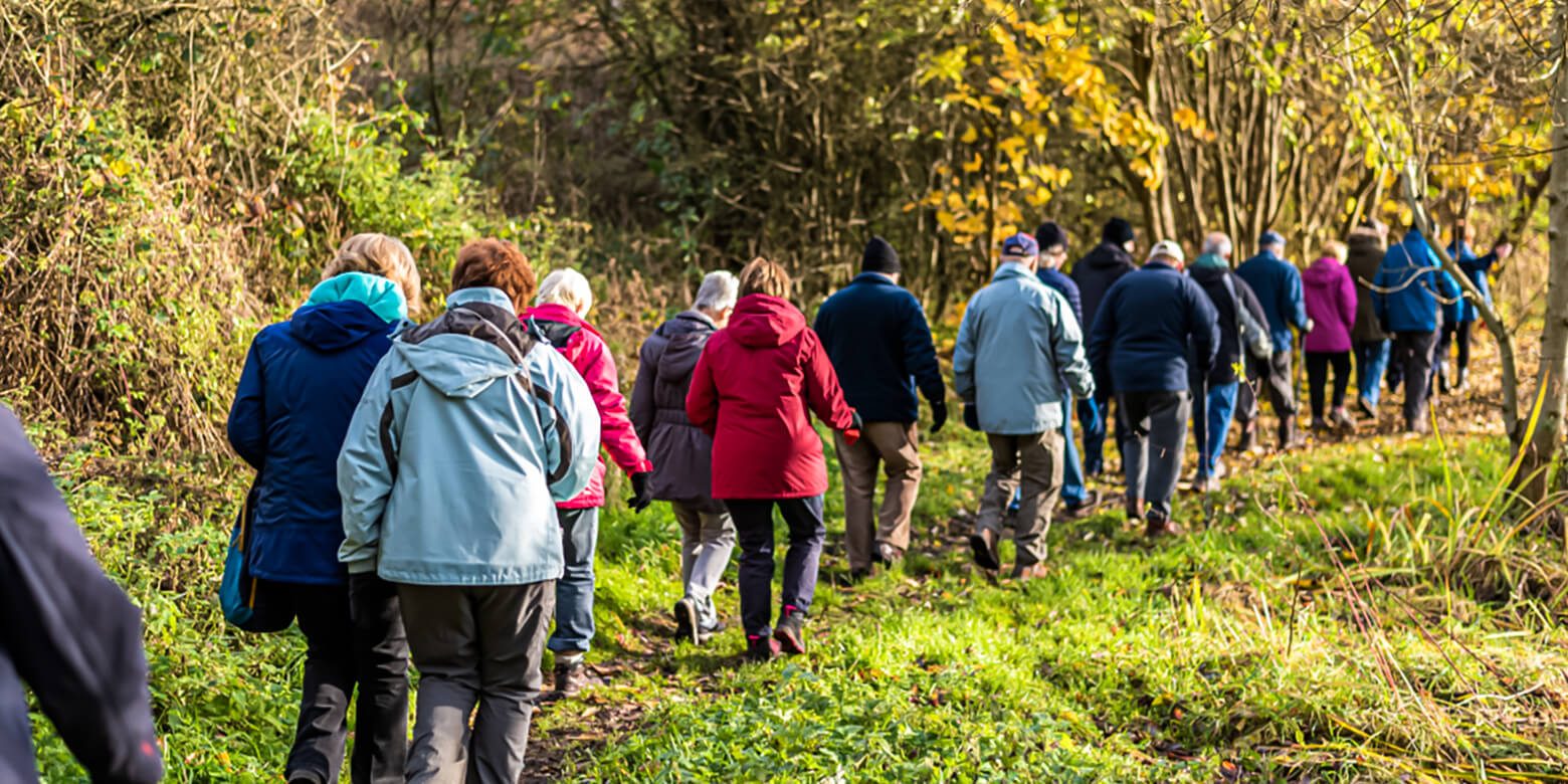 A group of people taking a walk across the scenic valley, wearing winter clothes.