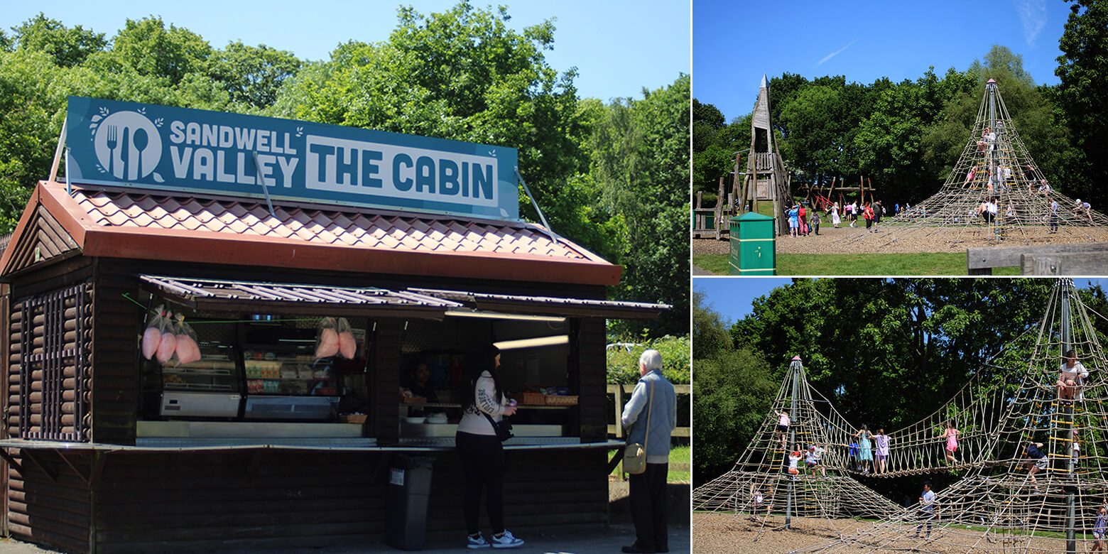 A collage of images with images of ‘The cabin’ a food outlet, and rope towers available in adventure playground